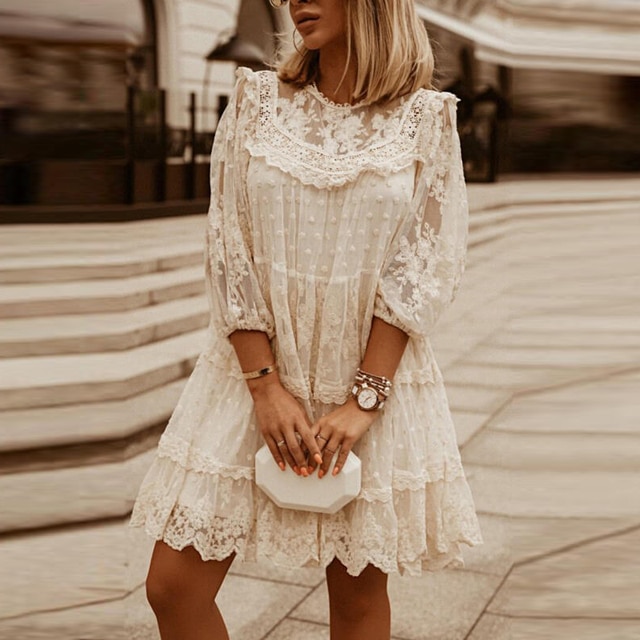 Women Elegant Lace Embroidery Party Dress Fashion Vintage Ruffle 3/4 Sleeve Dresses Ladies Sexy O-Neck Solid Sheer-Mesh Dress