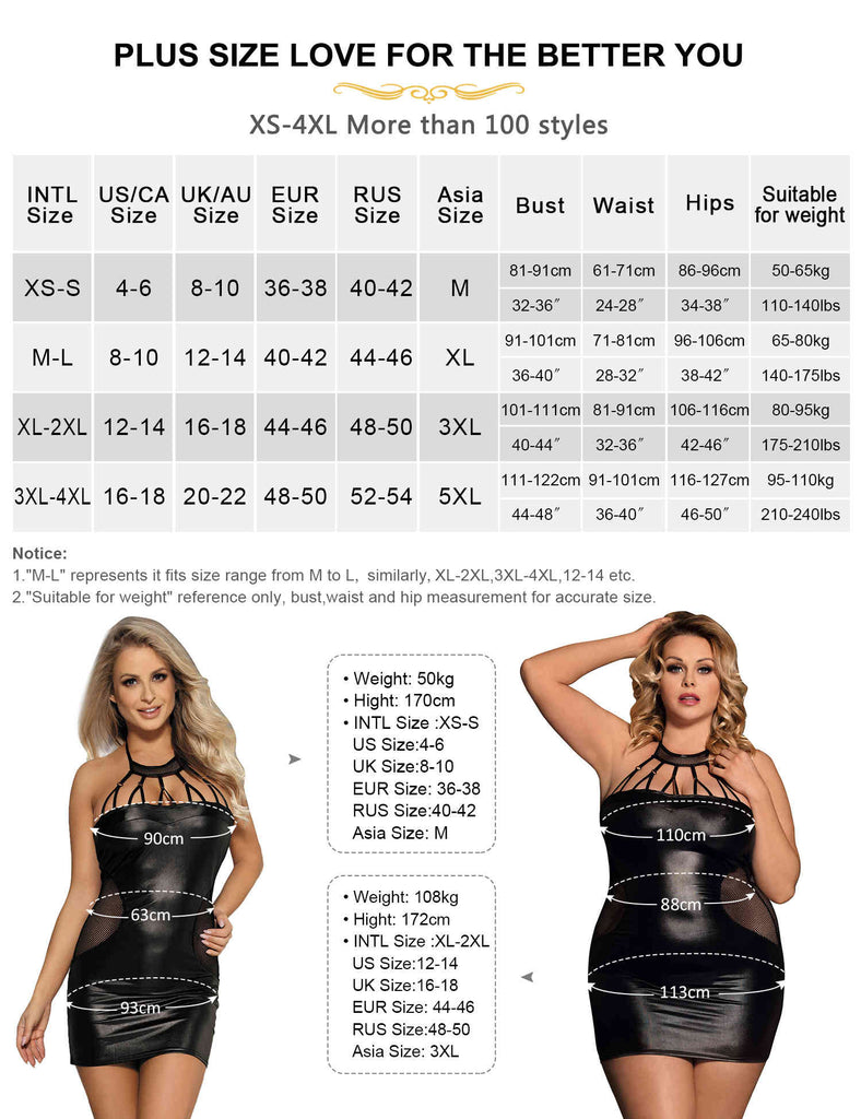 Women Plus Size Black Leather Mesh Panel Babydoll