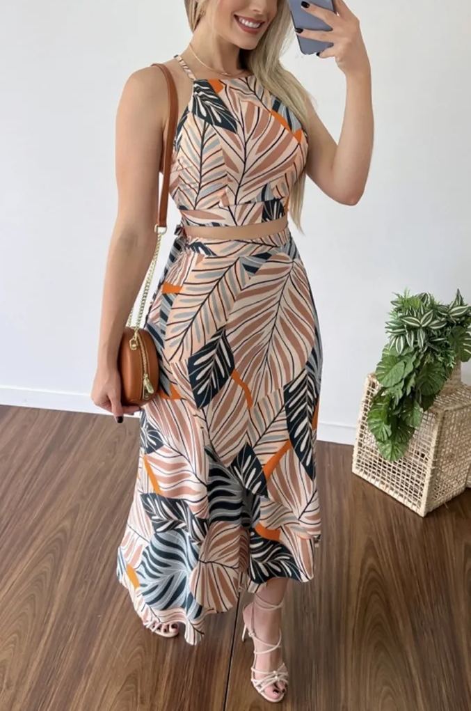 Leaves Print Halter Slim Top & Long Skirt Two Piece Set 