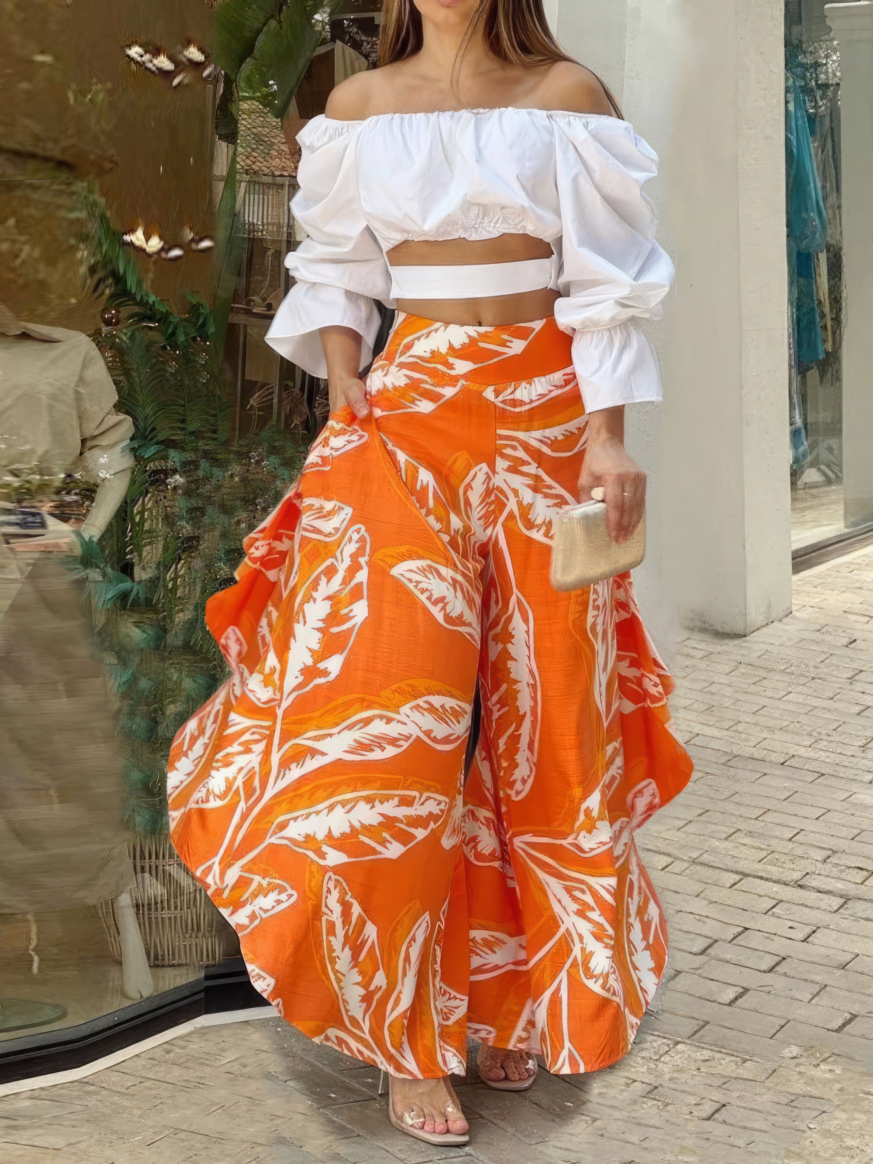 One-Shoulder Crop Top & Wide Leg Pants Two-Piece Set