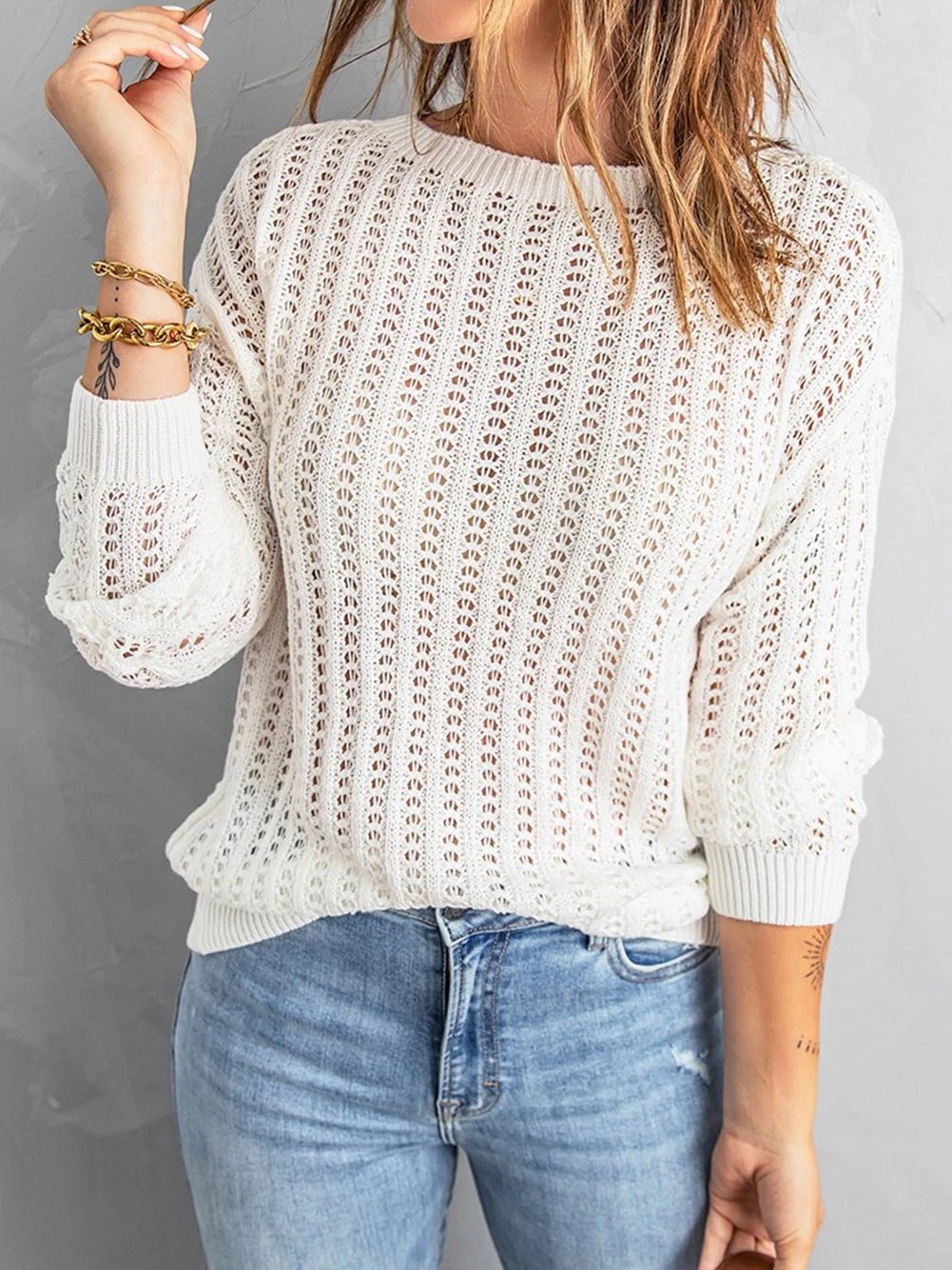 Round Neck Hollow Long Sleeved Knit Sweater