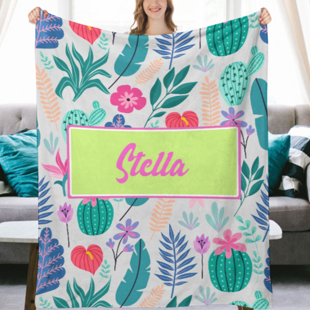 TROPICAL PARADISE GRAY MODERN PERSONALIZED NAME BLANKET