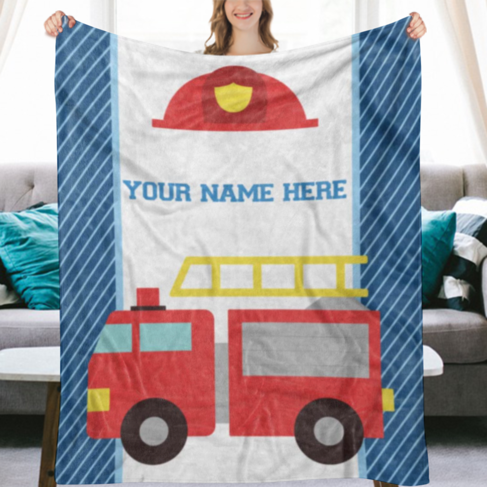 Personalized Custom Firetruck Fleece and Sherpa Throw Blanket for Boys, Girls, Kids, Baby - Toddler Fire Truck Blankets Perfect for Bedtime, Bedding, Crib Liner Or As Gift