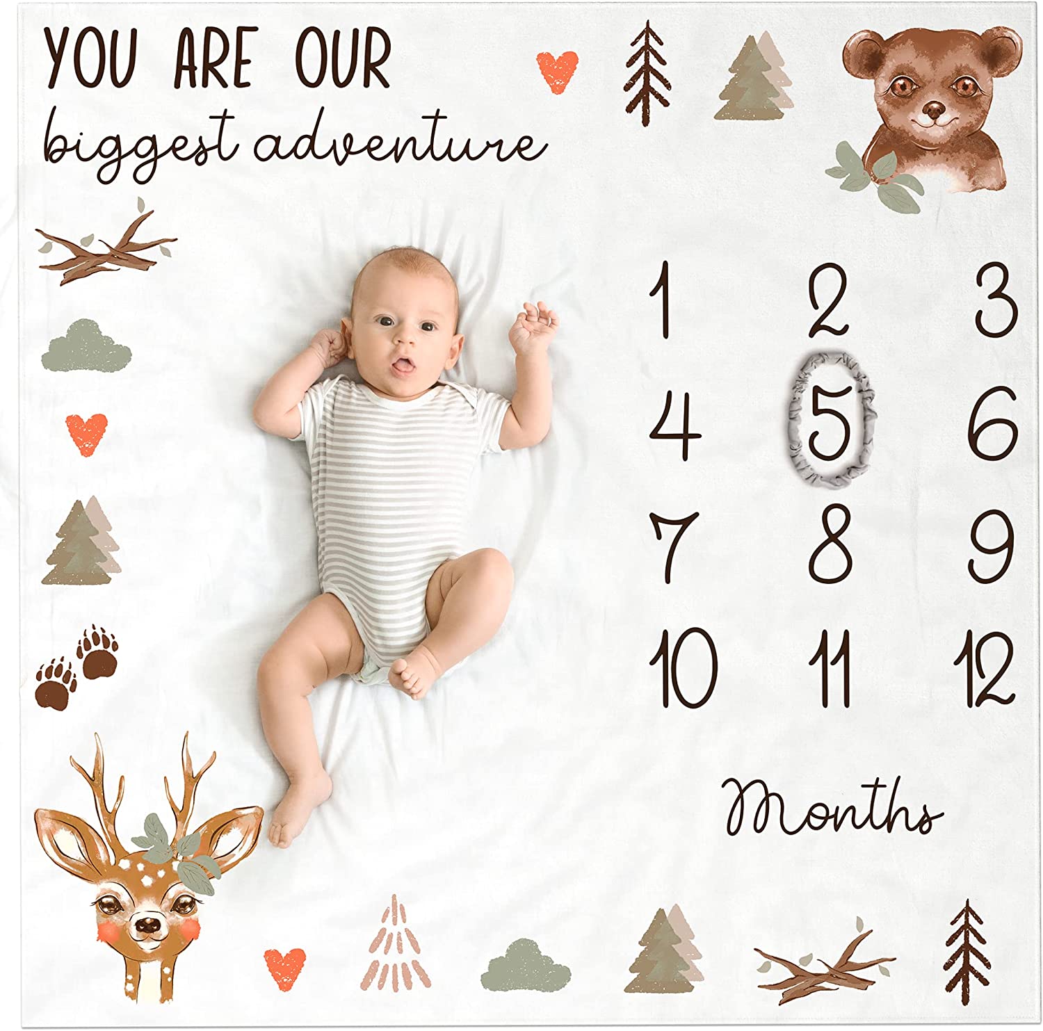Modern Baby Milestone Blanket - Beautiful Woodland Friends Design for Personalized Monthly Baby Pictures - Cherish Your Adorable Babys Boy Or Girl Milestones Forever