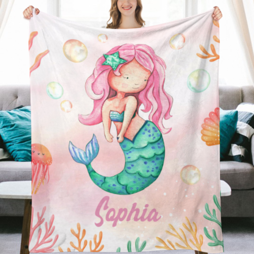 Personalzied Name Blanket for Baby Girls Custom Mermaid Blanket Throw Blanket for Kids Girls Adults