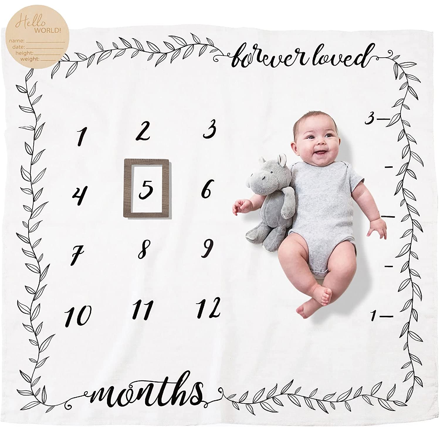 Organic Baby Monthly Milestone Blanket Boy or Girl - Months Blanket with Wood Frame and Newborn Announcement Disc - Growth Chart Milestone Blanket Neutral, 1-12 Month Milestones