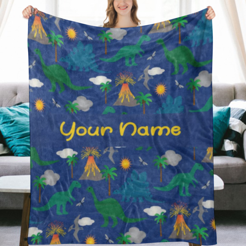 Custom Dark Blue Dinosaur Fleece Throw Blanket for Kids Boys Girls Babies Toddler Infants Blankets for Bed