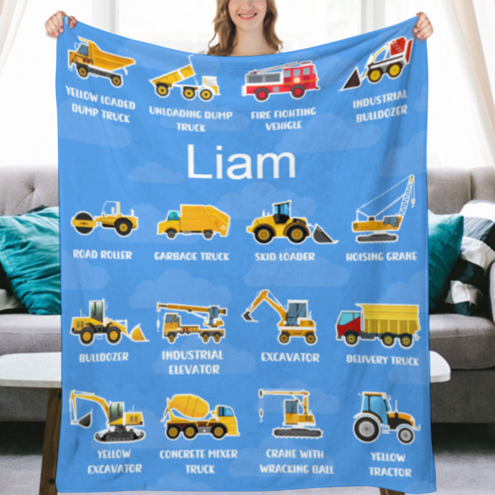 Personalized Customize Name Dump Truck Bulldozer Fleece and Sherpa Throw Blankets for Boys Girls Kids Baby Toddler Construction Trucks Tractor Firetruck Garbage
