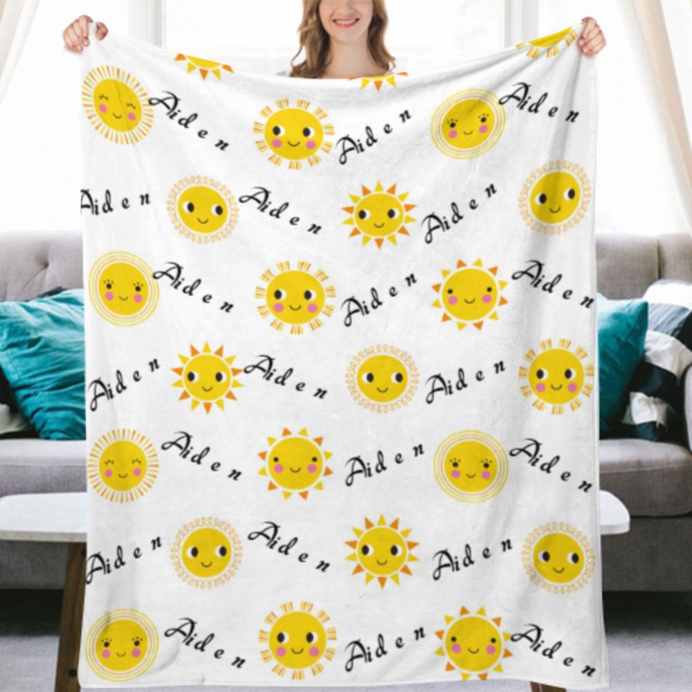 ersonalized sunshine baby name blanket, newborn sun personalized gift for boy or girls, summer sun blanket, toddler, big kid size