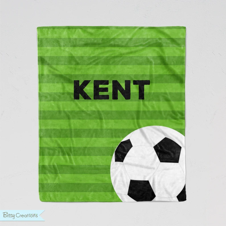 Green Soccer Blanket - Personalized Stripes - Soft Minky Blanket - Sport Blanket - Sizes for Baby, Child, Teen, or Adult! 