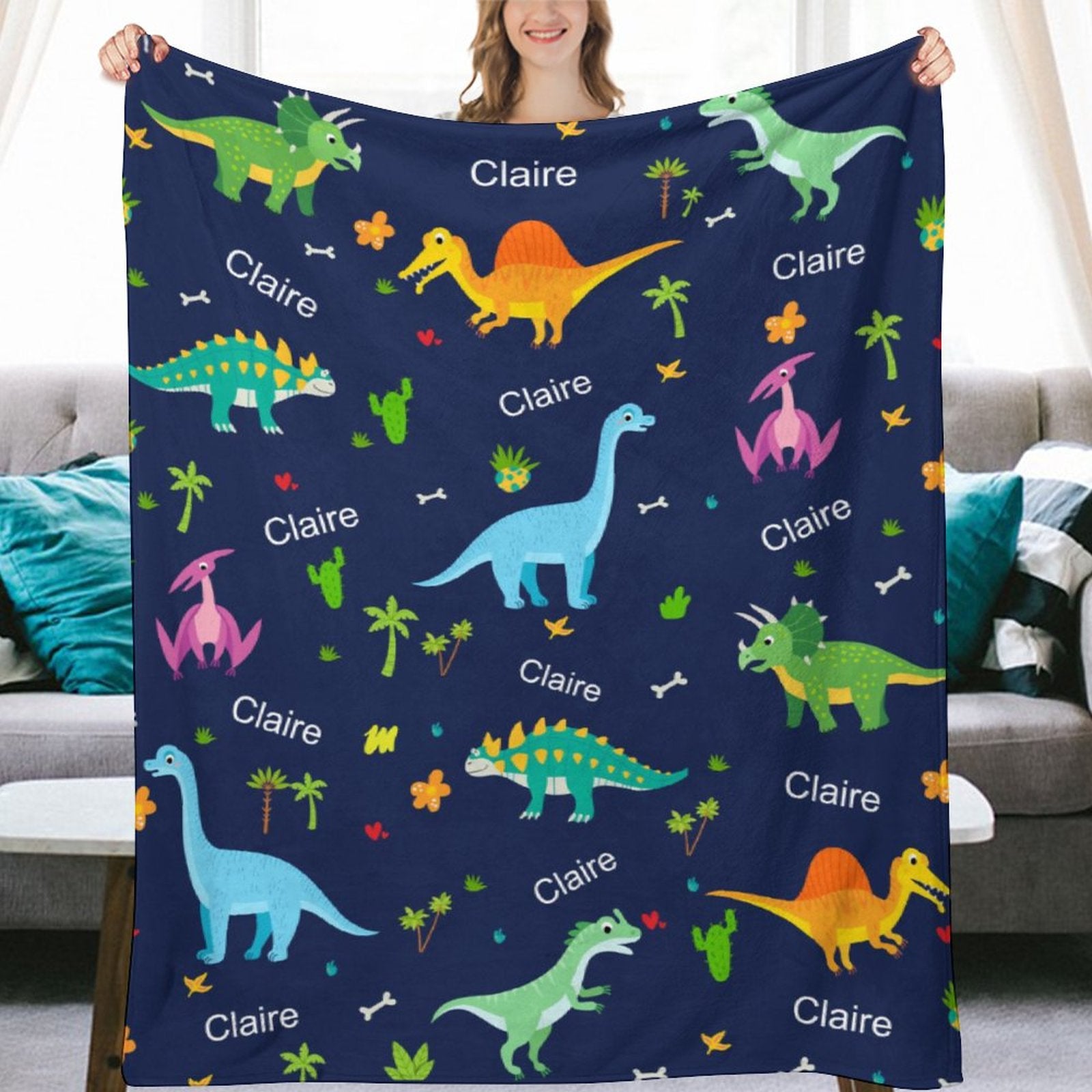 Personalized Name Baby Blankets with Dinosaur Design for Kids Toddlers - Customized Swadding Throw Blanket Gifts for Birthday Christmas