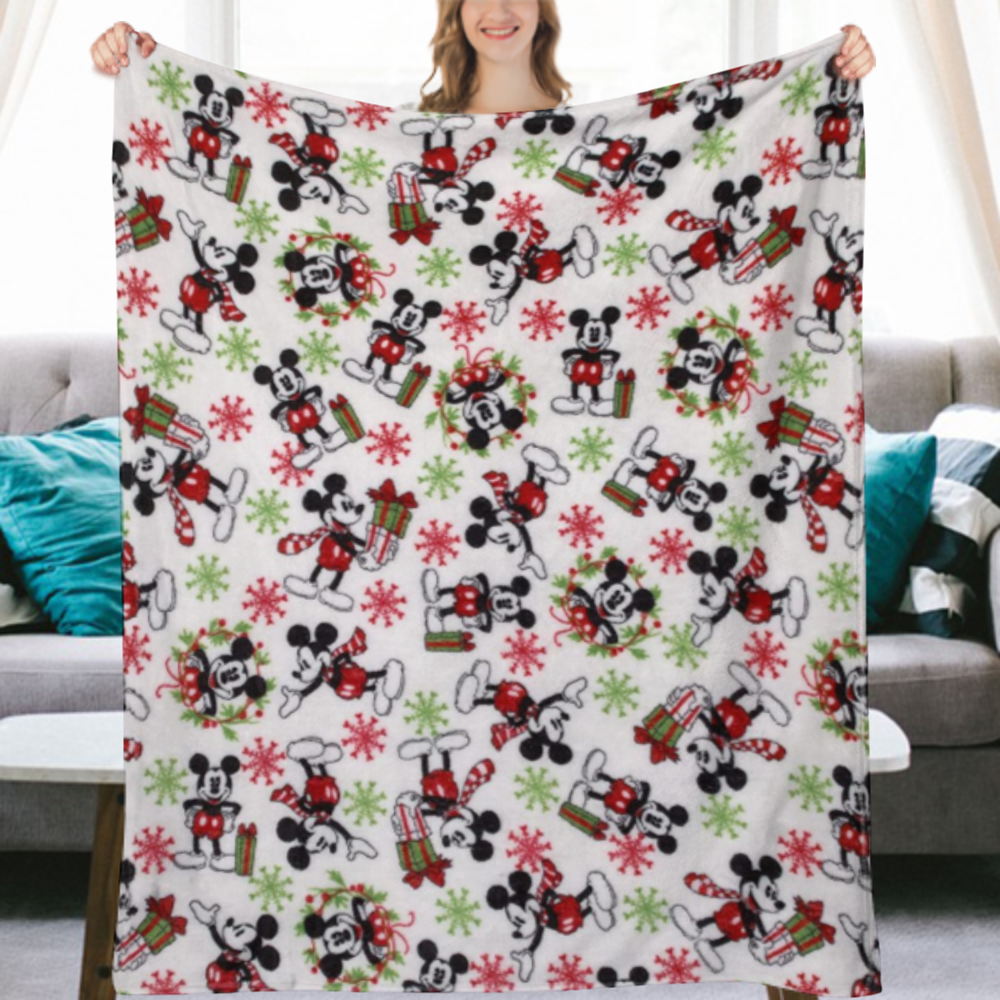 Disney Mickey Mouse White, Red, and Green Holiday Christmas Wreathes, Gifts, and Snowflakes Super Soft Baby Blanket