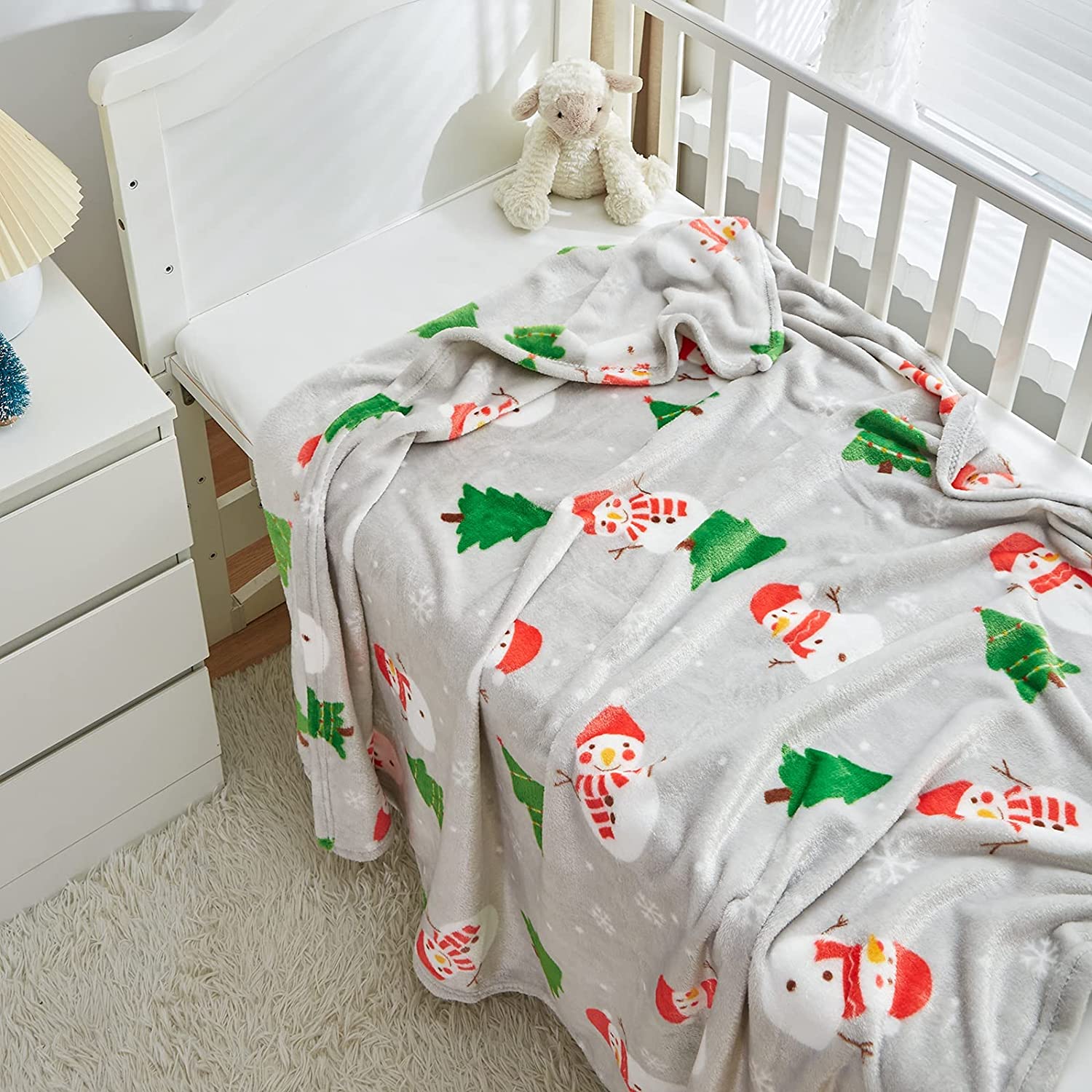 Gray Baby Toddler Blanket All-Season Christmas Style Snowman with Trees Holiday Flannel Fleece Design- Ultra Soft Plush Thin Blanket for Crib