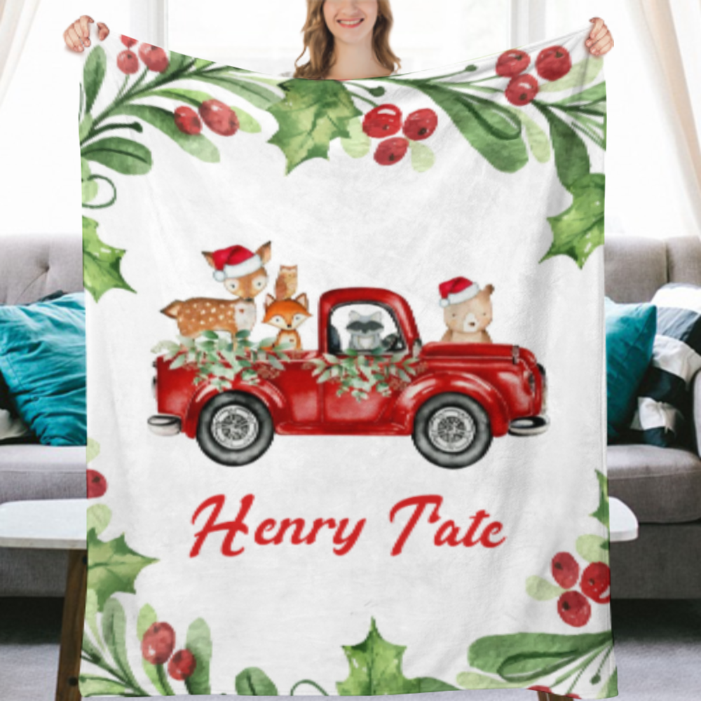 Personalized Woodland Christmas Blanket, Christmas Present For Kids With Woodland Creatures In Vintage Truck