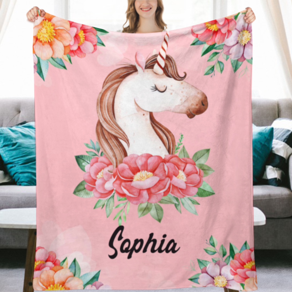 Jekeno Personalized Custom Unicorn Blanket with Name Gifts for Kids Girls Toddler Birthday Christmas Souvenir Home Bedroom Decor Soft Cozy Lightweight Floral Throw Blankets