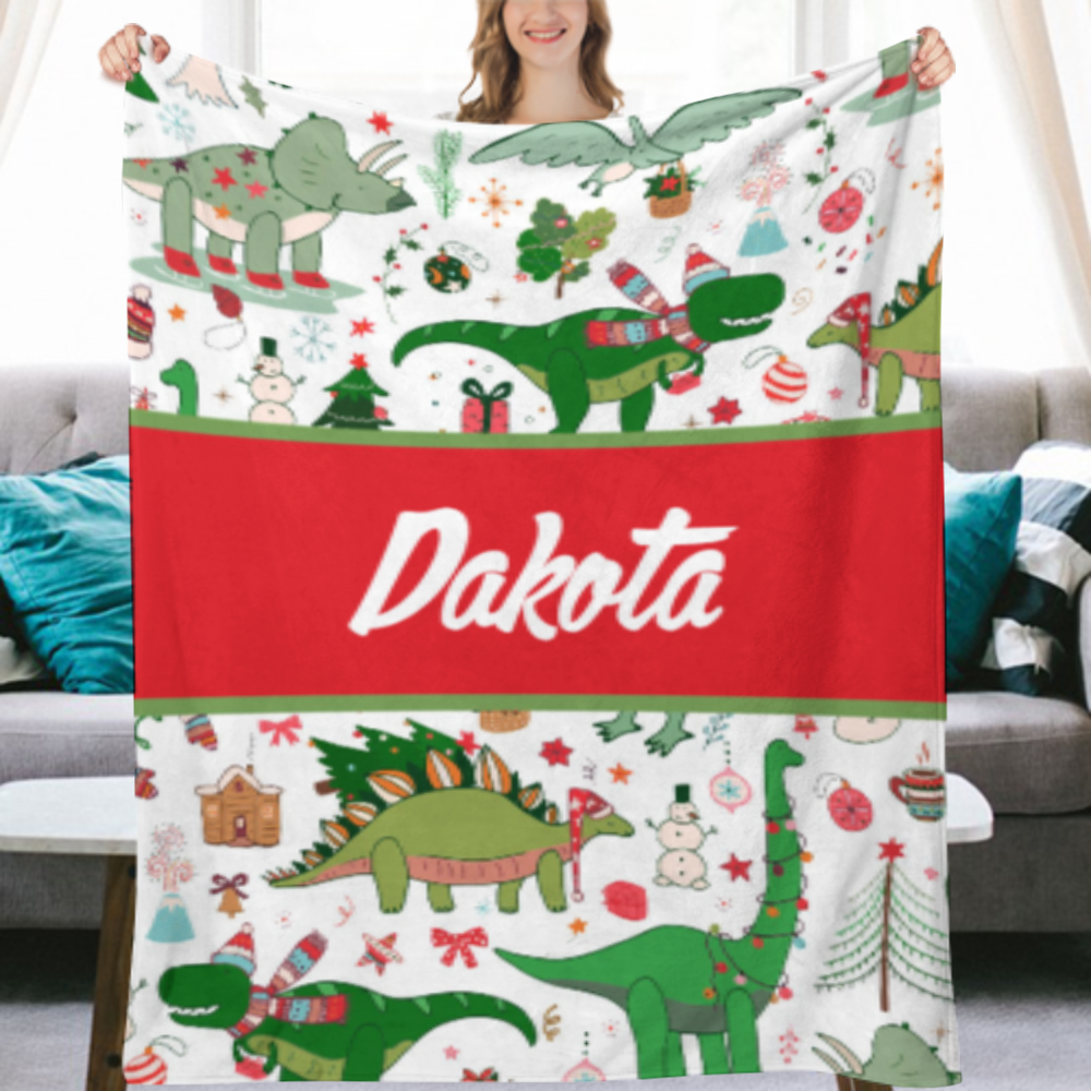 Dinosaur Christmas Baby Blanket, Personalized Christmas Blanket, Christmas Gifts for kids, Baby Boy Name Blanket, Christmas Crib Bedding Boy