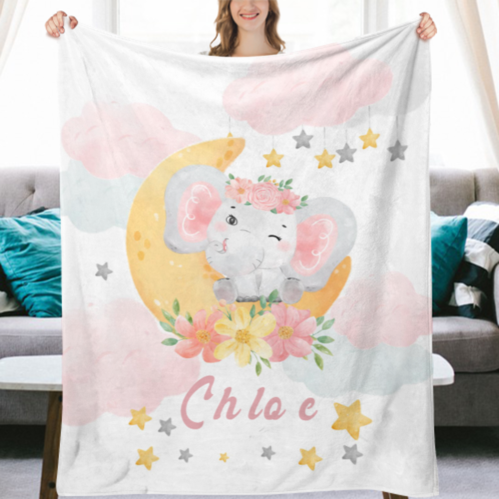 Pink Yellow Baby Girl Elephant Blanket, Custom Name Blanket Baby Girl, Sleeping Elephant on Moon, Personalized Elephant Blanket Girl Gift
