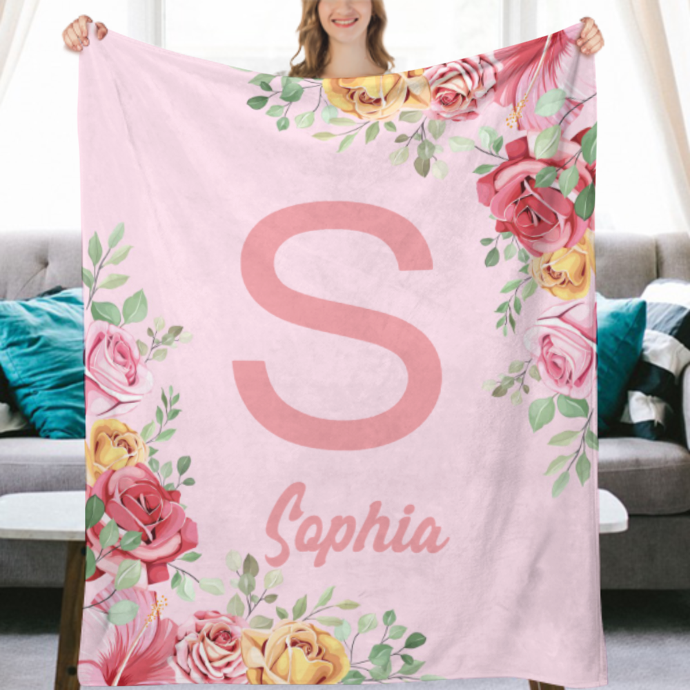 Custom Baby Blanket with Name for Girls Boys - Personalized Baby Blankets with Flower for Kids Toddler - Customized Monogram Throw Blanket for Newborn, New Mom - Christmas Birthday Gift