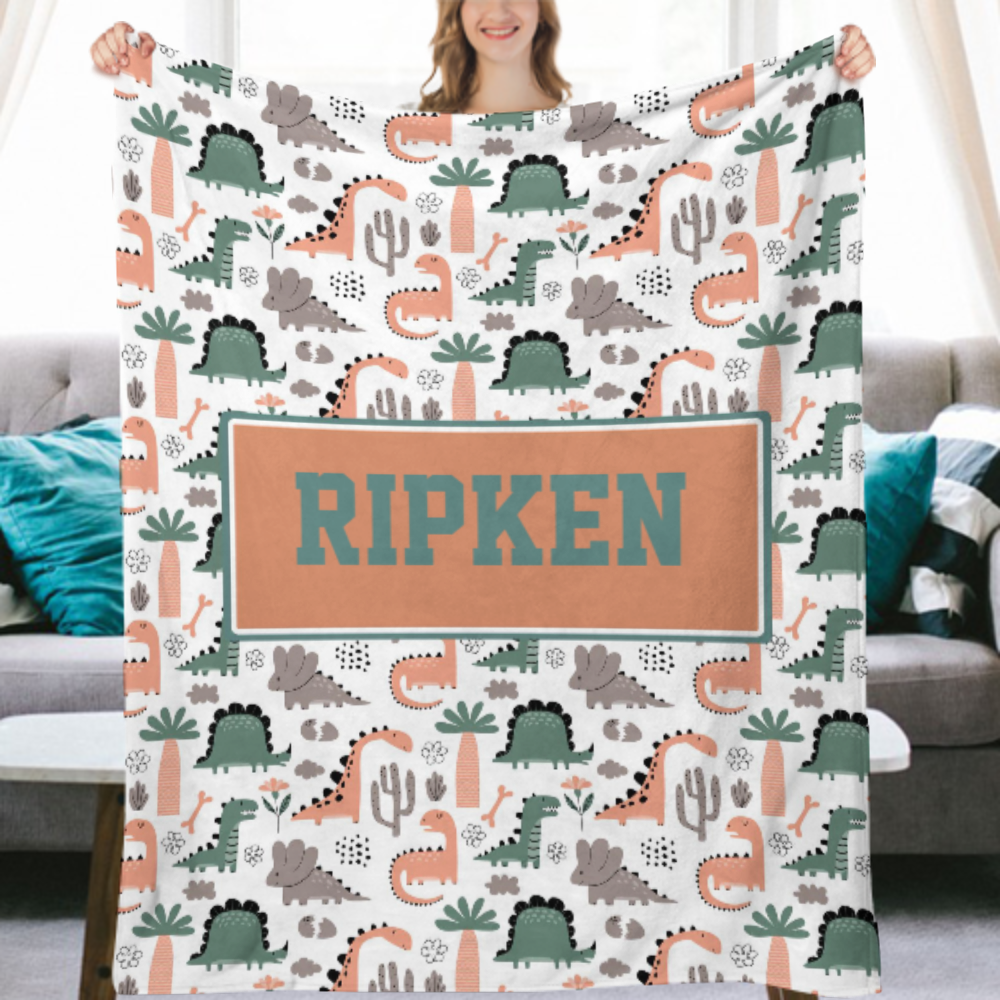DINOSAURS ON THE MOVE MODERN PERSONALIZED NAME BLANKET