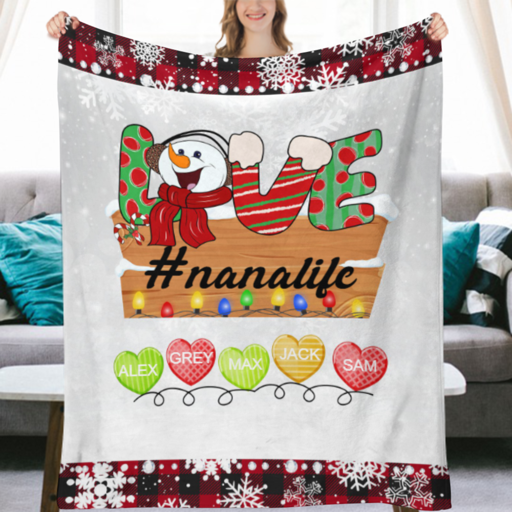 Personalized Love Nana Life Snowman Christmas Blanket, Snowman Blanket, Grandma Fleece Blanket, Custom Grandma and Kids Names Blanket