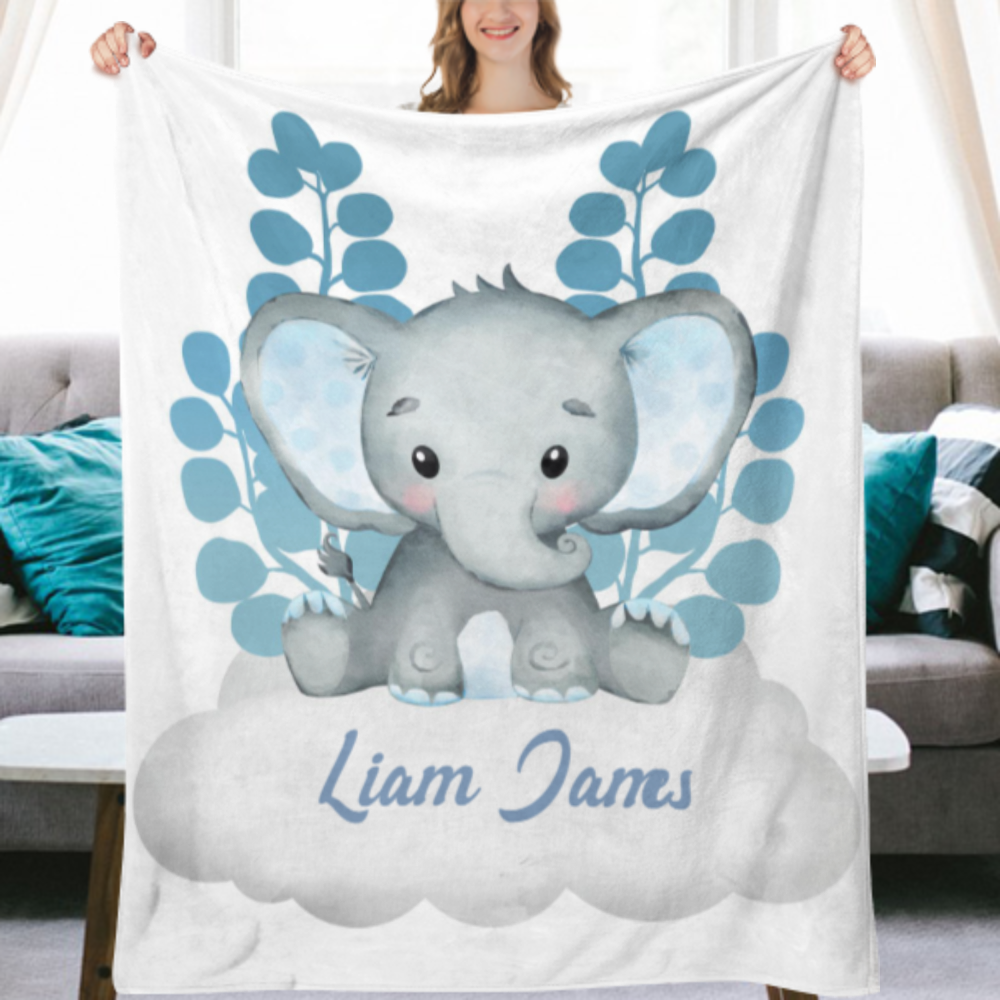 Personalized Elephant Baby Boy Name Blanket, Clouds Name Blanket, Safari Animals Name Blanket Custom Elephant Blanket, Baby Shower Gift