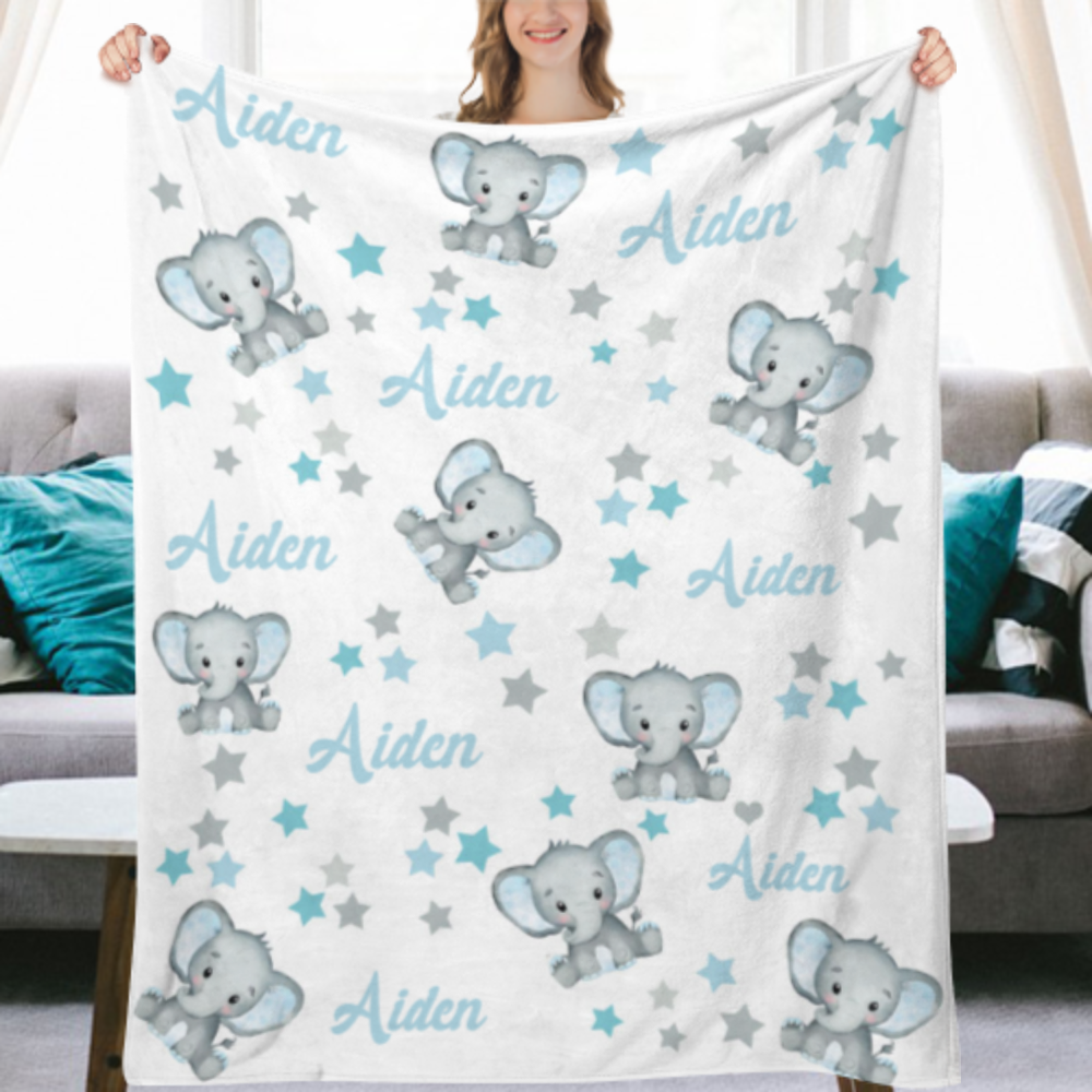 Elephant Star blue baby blanket personalized, boy, blue, baby name blanket, elephant baby gift, baby boy elephant blanket