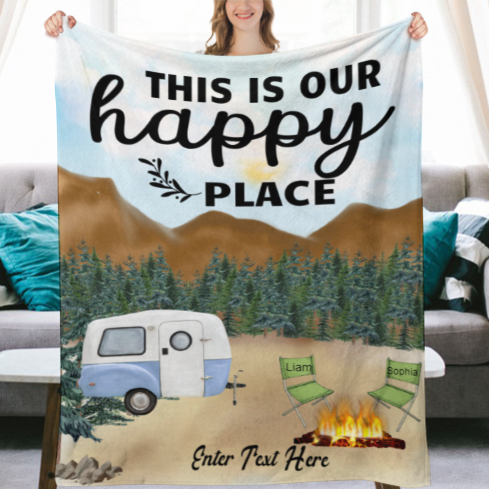 Personalized Happy Place Camper Blanket, Sherpa camping throw, camper gift, traveller gift for campers, caravan accessories, custom quilt
