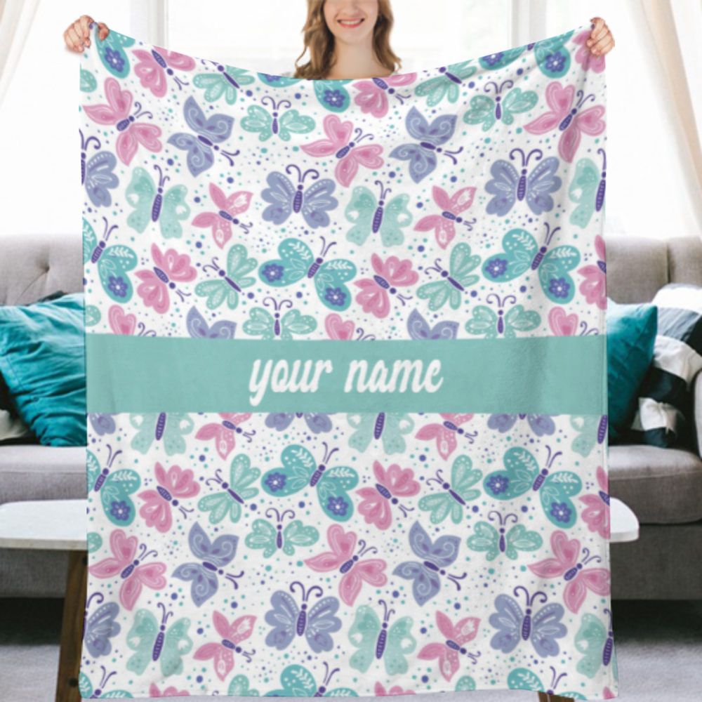 Magical Butterflies - Personalized Custom Butterfly Pattern Fleece and Sherpa Blankets with Your Child's Name