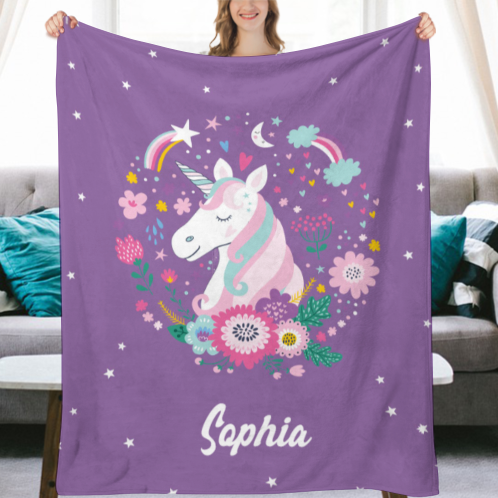 Personalized Unicorn Blanket - Rainbow Unicorn on Purple - Soft Minky - Sizes for Baby, Child, Teen, or Adult! Custom Made with Any Name