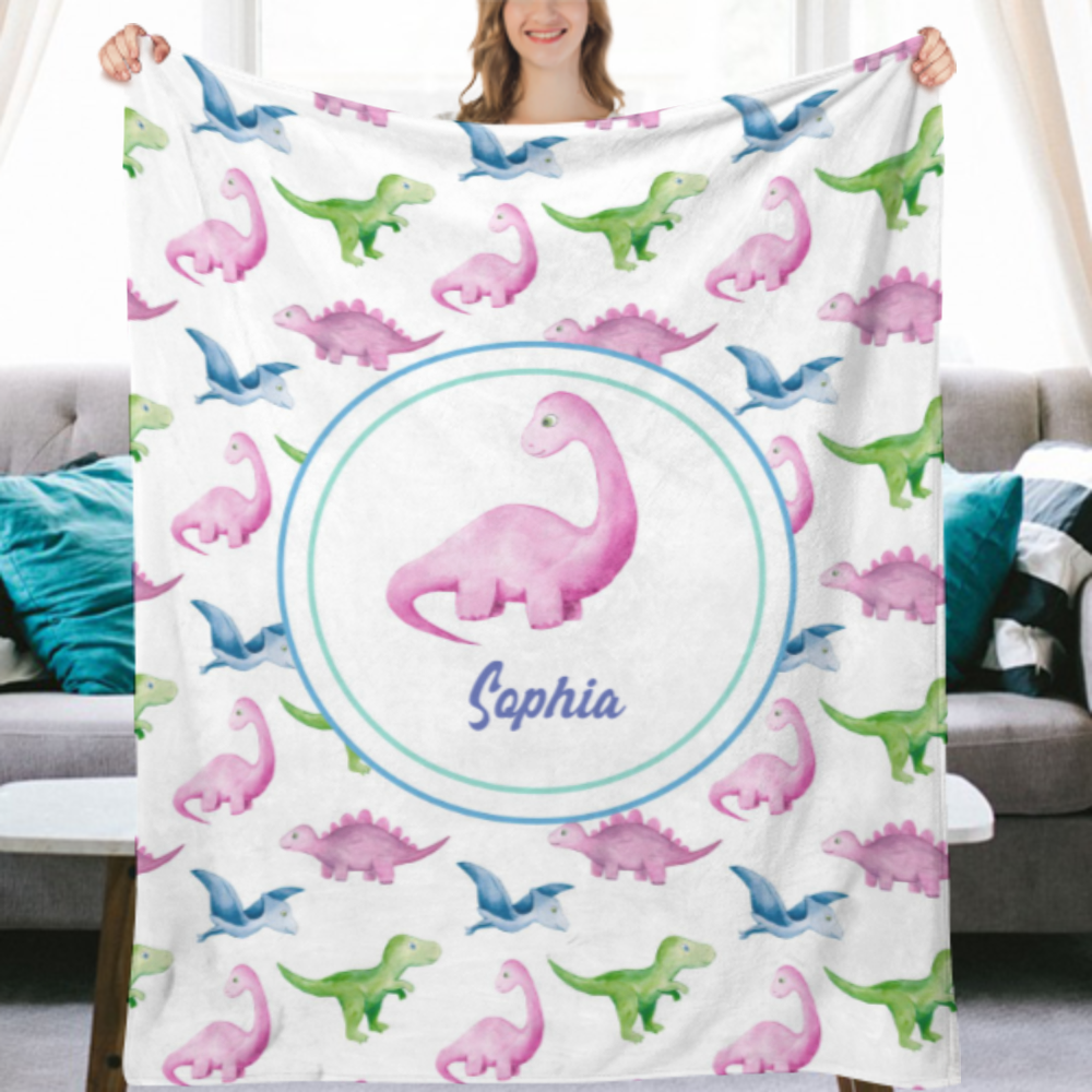 Personalized dinosaur blanket, watercolor dino baby girl blanket, name swaddle, dinosaur girl gift, custom name blanket, gift