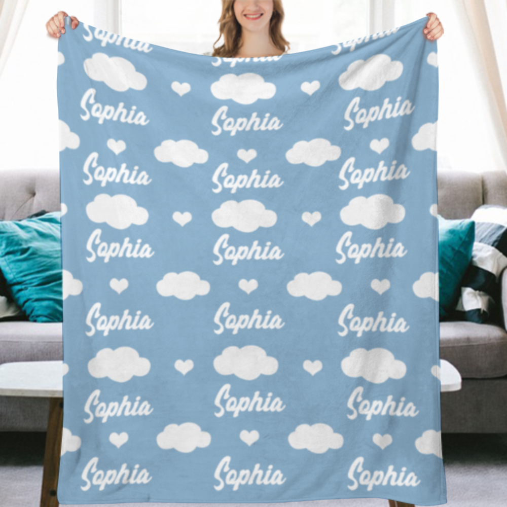 Custom Name Blanket, Clouds And Sky Name Blanket, Personalized Blanket, Baby Boy, Girl Blanket, Adult Blanket, Hospital Coming Home Blanket,Nursery Blanket