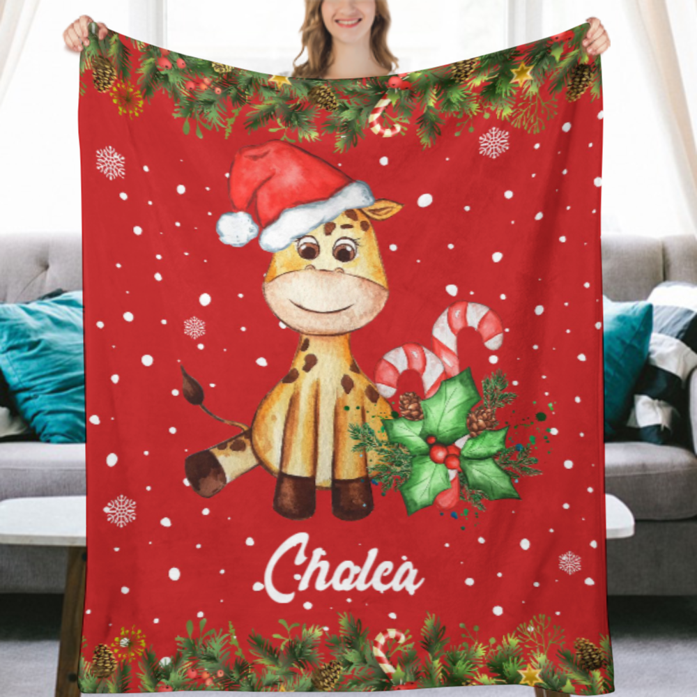 Custom Christmas Blanket with Name for Kid Personalized Fleece Throw Blankets for Family Merry Christmas Santa Claus Elk Christmas Tree Gift for Baby