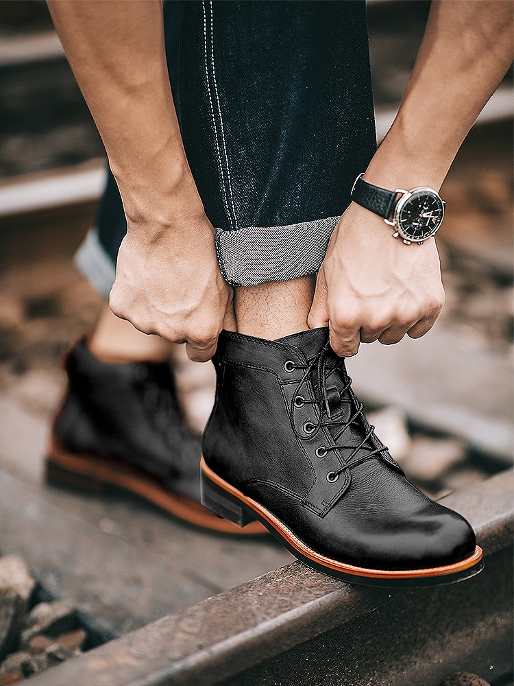 Men's Work Boots Combat Boots Motorcycle Boots Casual Vintage Classic Daily PU Black Brown Fall Winter 2023 - US $45.99 –P8