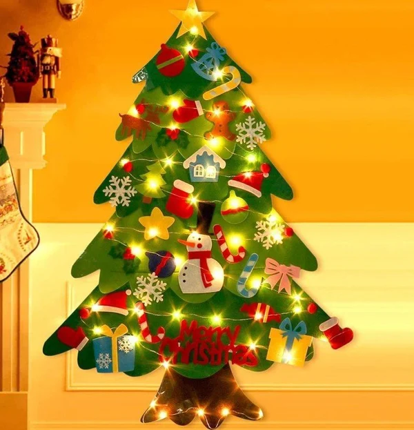 🧒🎄Felt Christmas Tree Set With 32PCS Ornaments Wall Hanging Tree & 35LED String Lights-Festivesl