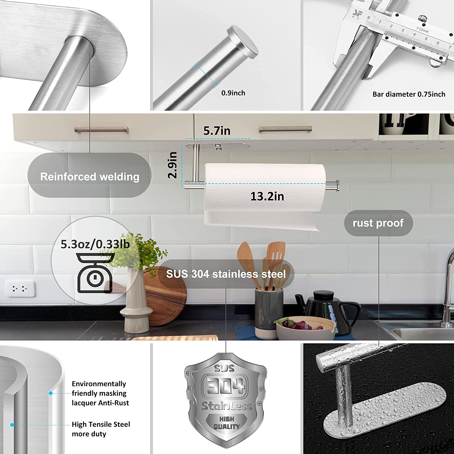 13 inch Black Paper Towel Holder Wall Mount, Inwaysin Under Cabinet Paper Towel Holder, Drilling or Self Adhesive Paper Towel Holder for Kitchen, Bathroom, Cabinets, Wall-Festivesl