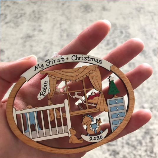 Personalized Baby's First Christmas Ornament for Baby Boy Wood-Festivesl