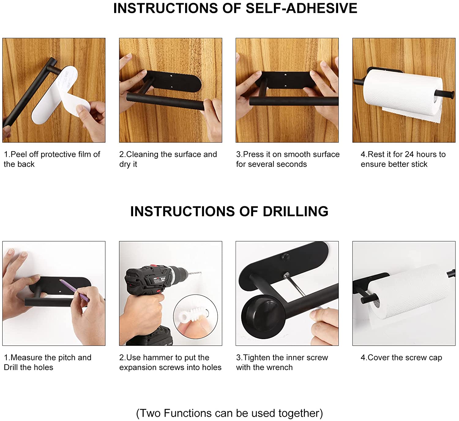 13 inch Black Paper Towel Holder Wall Mount, Inwaysin Under Cabinet Paper Towel Holder, Drilling or Self Adhesive Paper Towel Holder for Kitchen, Bathroom, Cabinets, Wall-Festivesl