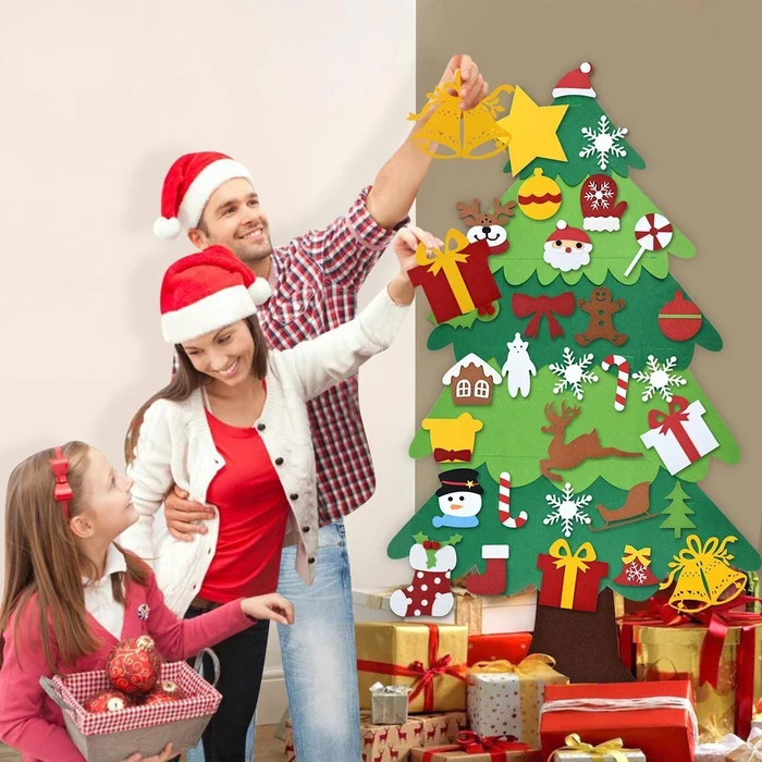 🧒🎄Felt Christmas Tree Set With 32PCS Ornaments Wall Hanging Tree & 35LED String Lights-Festivesl