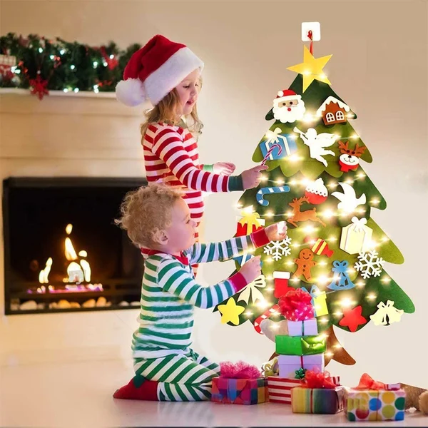 🧒🎄Felt Christmas Tree Set With 32PCS Ornaments Wall Hanging Tree & 35LED String Lights-Festivesl