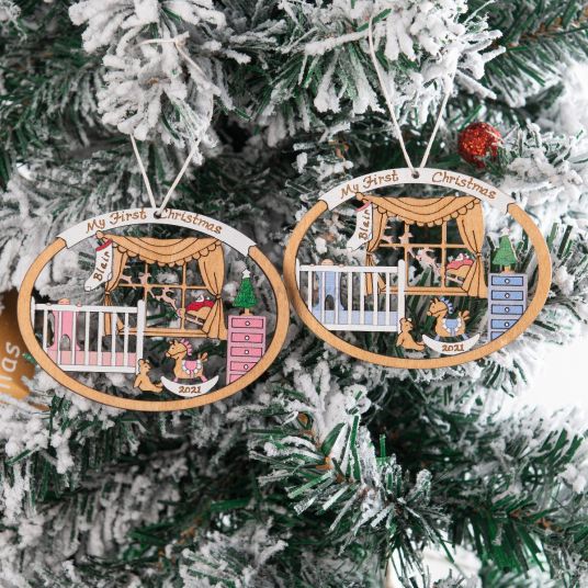Personalized Baby's First Christmas Ornament for Baby Boy Wood-Festivesl