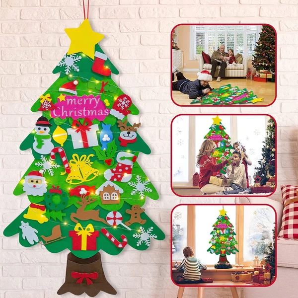 🧒🎄Felt Christmas Tree Set With 32PCS Ornaments Wall Hanging Tree & 35LED String Lights-Festivesl