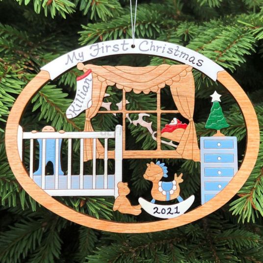 Personalized Baby's First Christmas Ornament for Baby Boy Wood-Festivesl