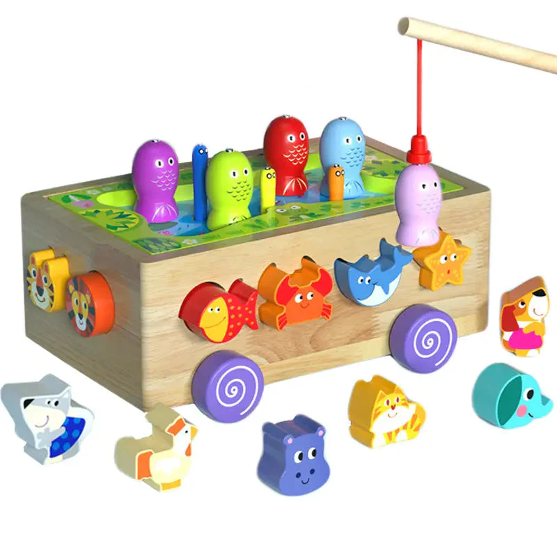 Montessori Toy Set Wooden Toys Baby Fishing Pull Along Car Shape Cognitive Puzzle Learing Toy Children Wooden Baby Toys-Festivesl