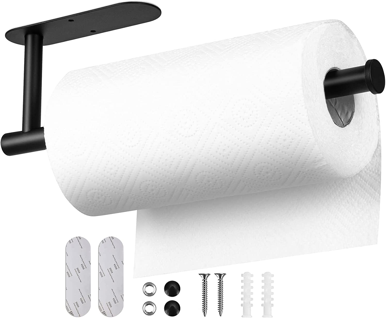 13 inch Black Paper Towel Holder Wall Mount, Inwaysin Under Cabinet Paper Towel Holder, Drilling or Self Adhesive Paper Towel Holder for Kitchen, Bathroom, Cabinets, Wall-Festivesl