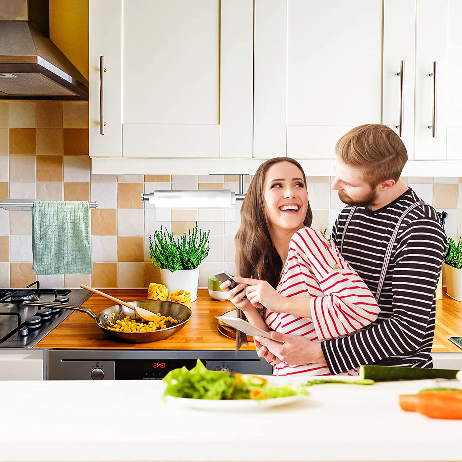 13 inch Black Paper Towel Holder Wall Mount, Inwaysin Under Cabinet Paper Towel Holder, Drilling or Self Adhesive Paper Towel Holder for Kitchen, Bathroom, Cabinets, Wall-Festivesl