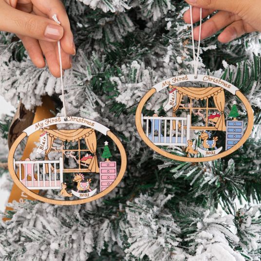 Personalized Baby's First Christmas Ornament for Baby Boy Wood-Festivesl