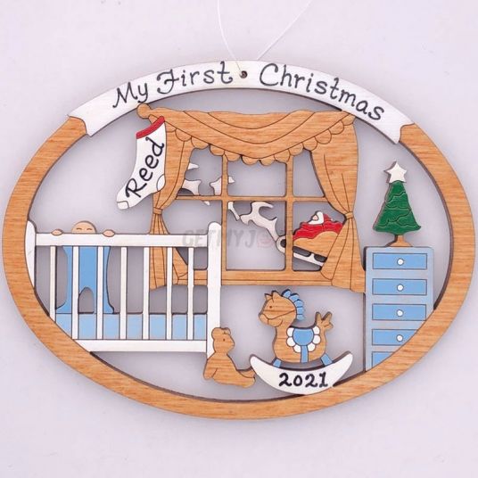 Personalized Baby's First Christmas Ornament for Baby Boy Wood-Festivesl