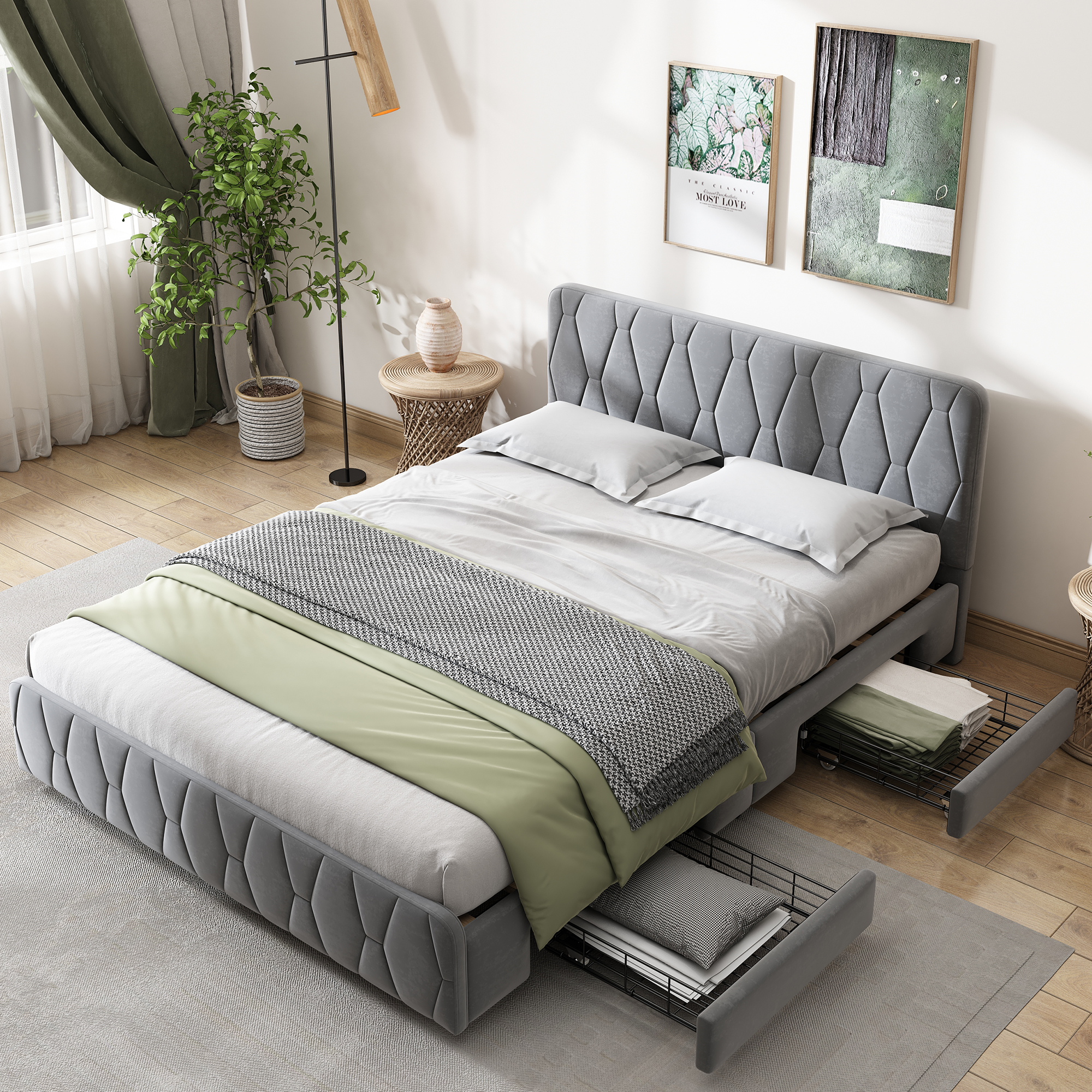 Polsterbett Doppelbett Bett Flanell 4 Schubladen ohne Matratze Grau