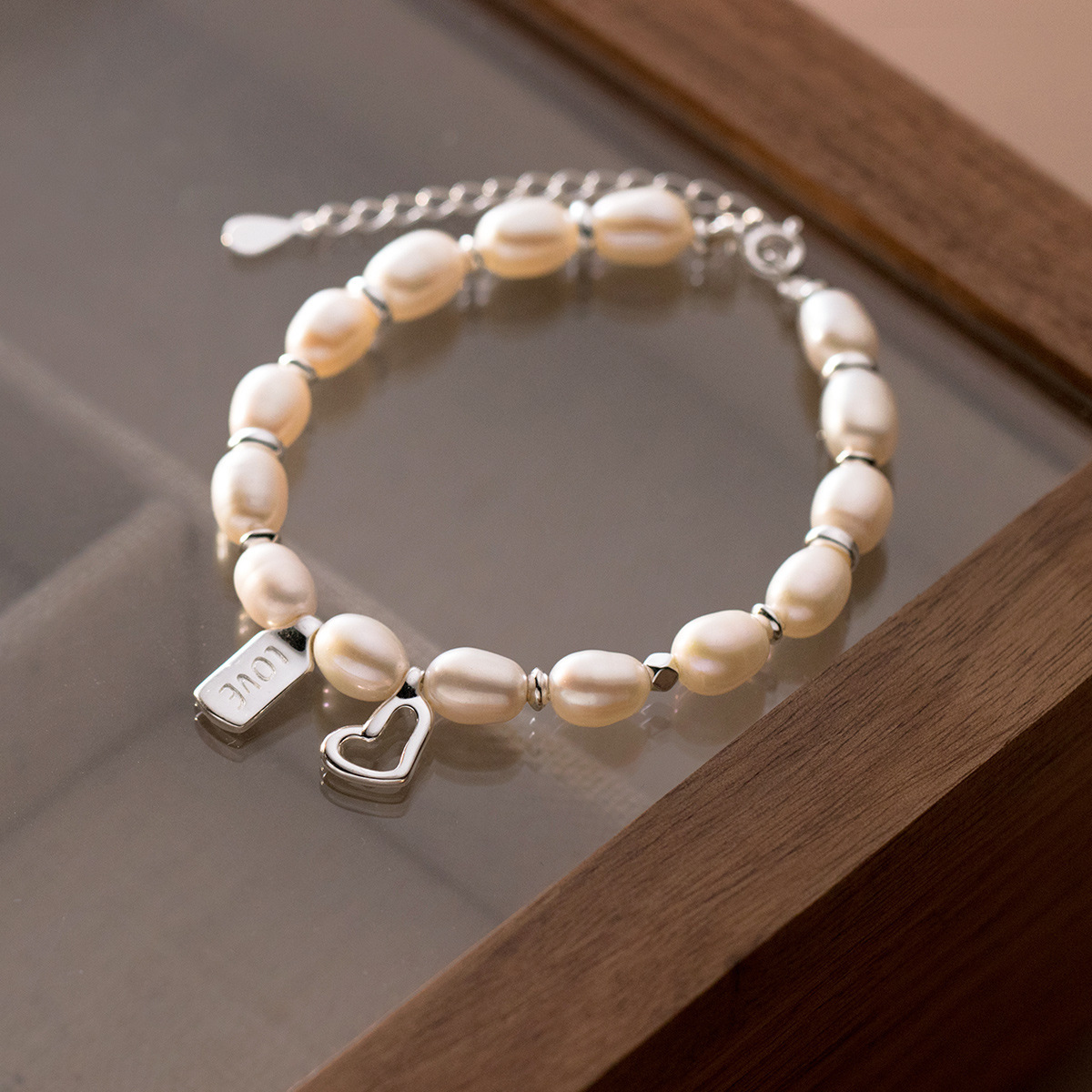 925 Sterling Silver Bracelet with Freshwater Pearl for Woment Heart Style