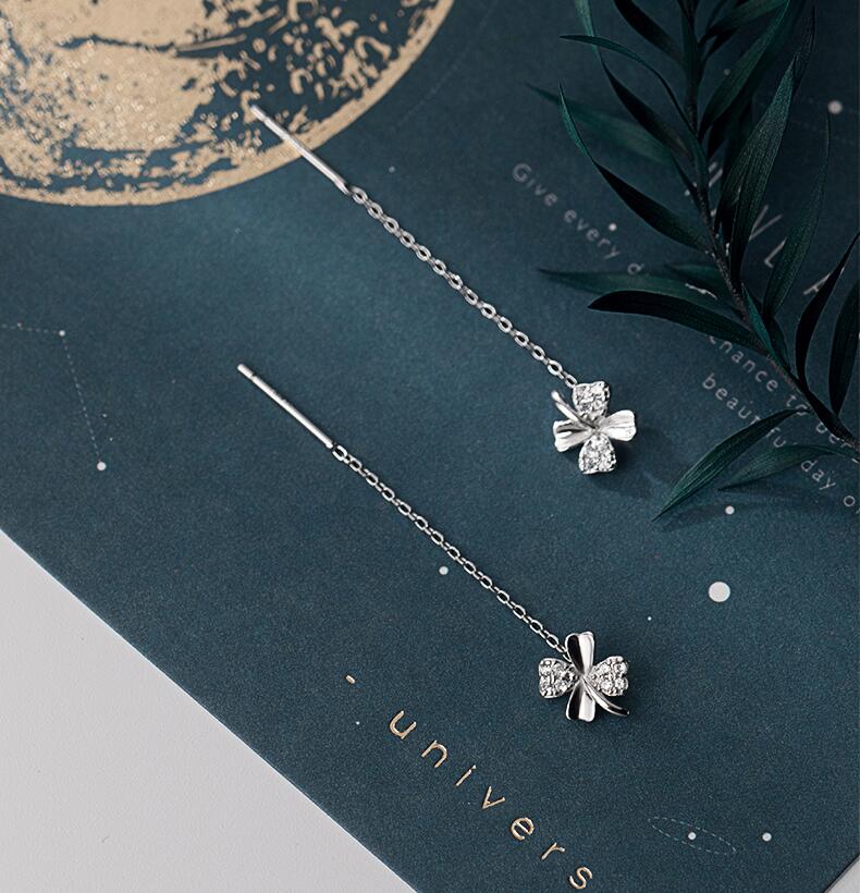 #146 925 Sterling Silver Chain Dangle Earrings Clover Style